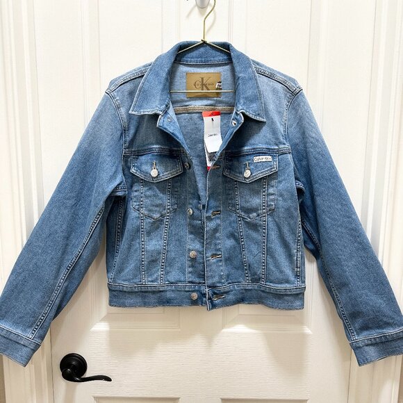 Calvin Klein Women's Classic Trucker Denim Jacket Size M Medium Blue Stretch NEW - Picture 1 of 15